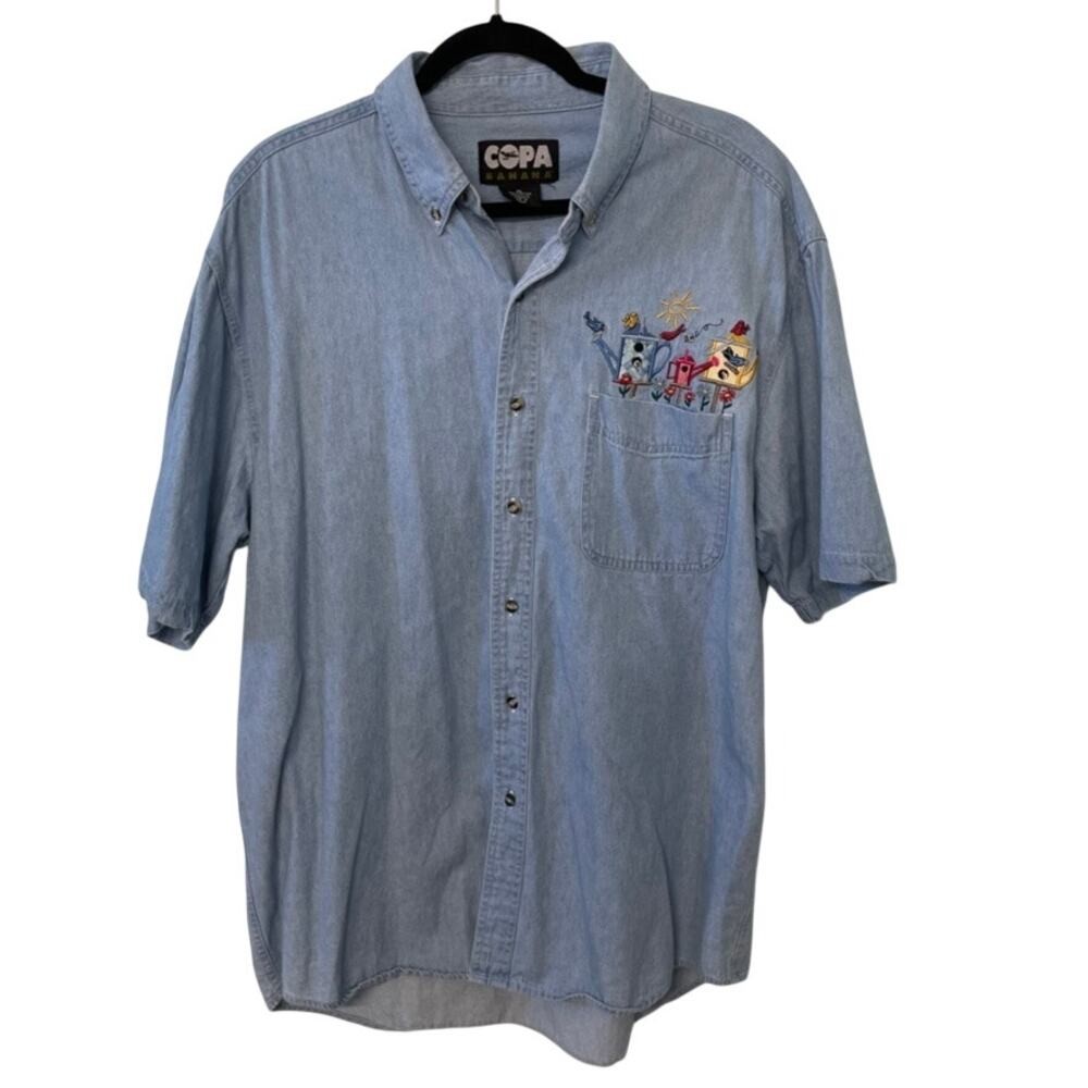 Vtg Womens Denim Button Shirt XL Birds Gardening Copa Banana Embroidery Granny